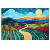 Colorful Rolling Hills and Red Cottages Under a Swirling Sky at Sunset – Van Gogh Style Folk Art Painting on Ready to Hang 1.5" Thick Canvas Wrap, Floating Framed Canvas, Flat Rolled Canvas
